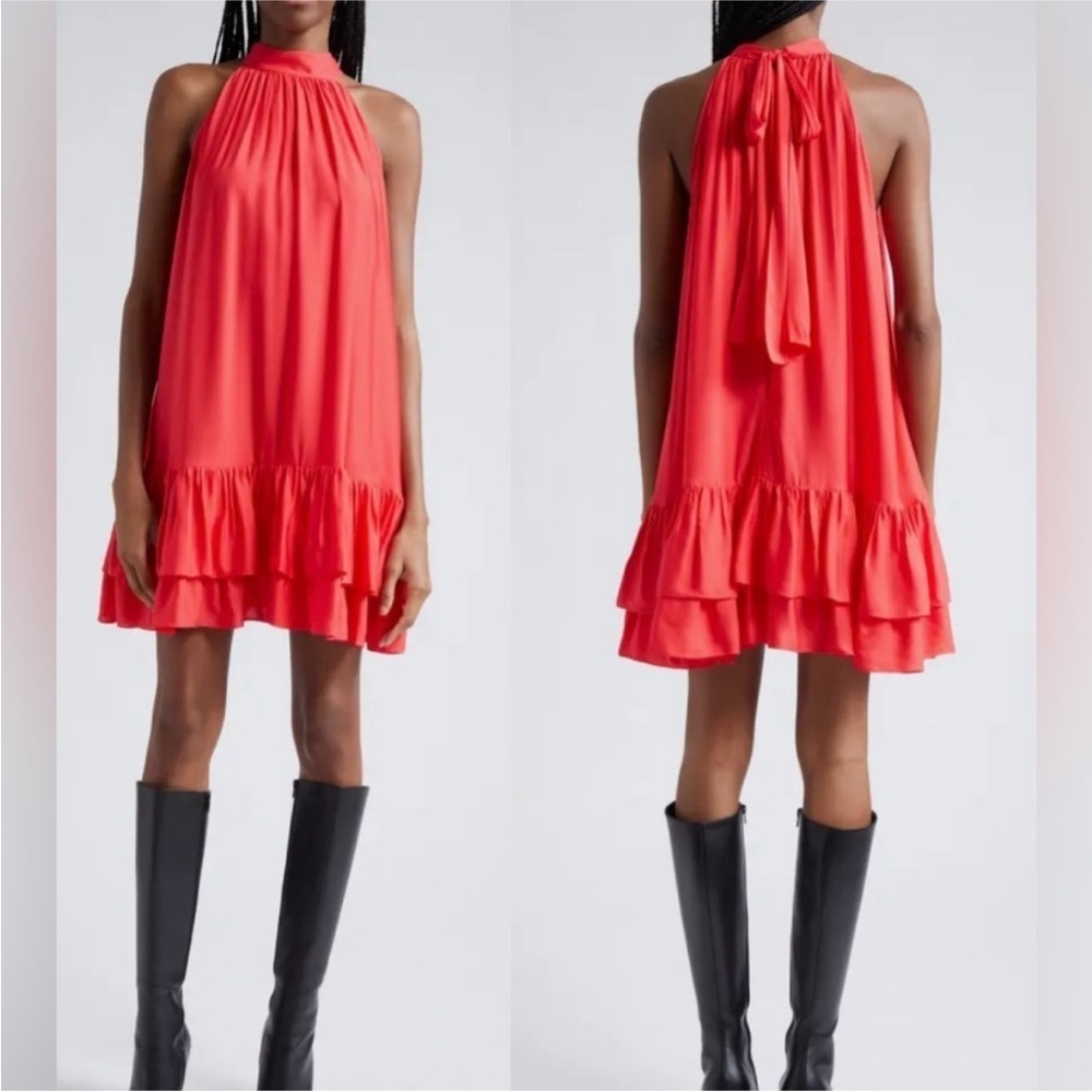 Alice + Olivia Red Halter Mini Dress | XS | Ruffle Hem | Wedding Guest
